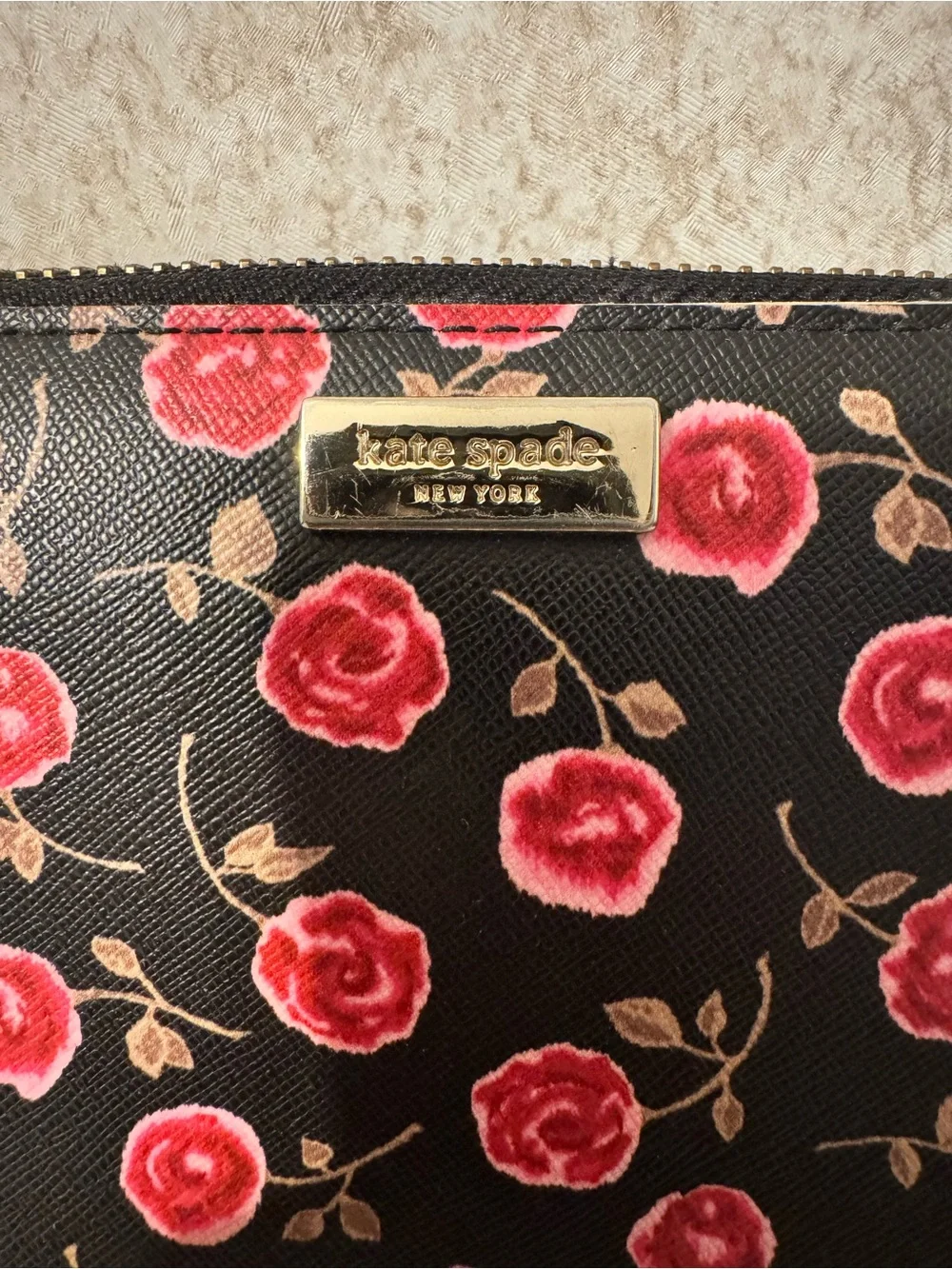 Kate Spade Black Wallet with Pink Rose Print